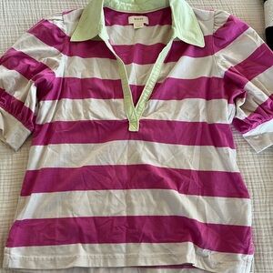 Anthropologie Maeve Pink and White Top with Green Collar